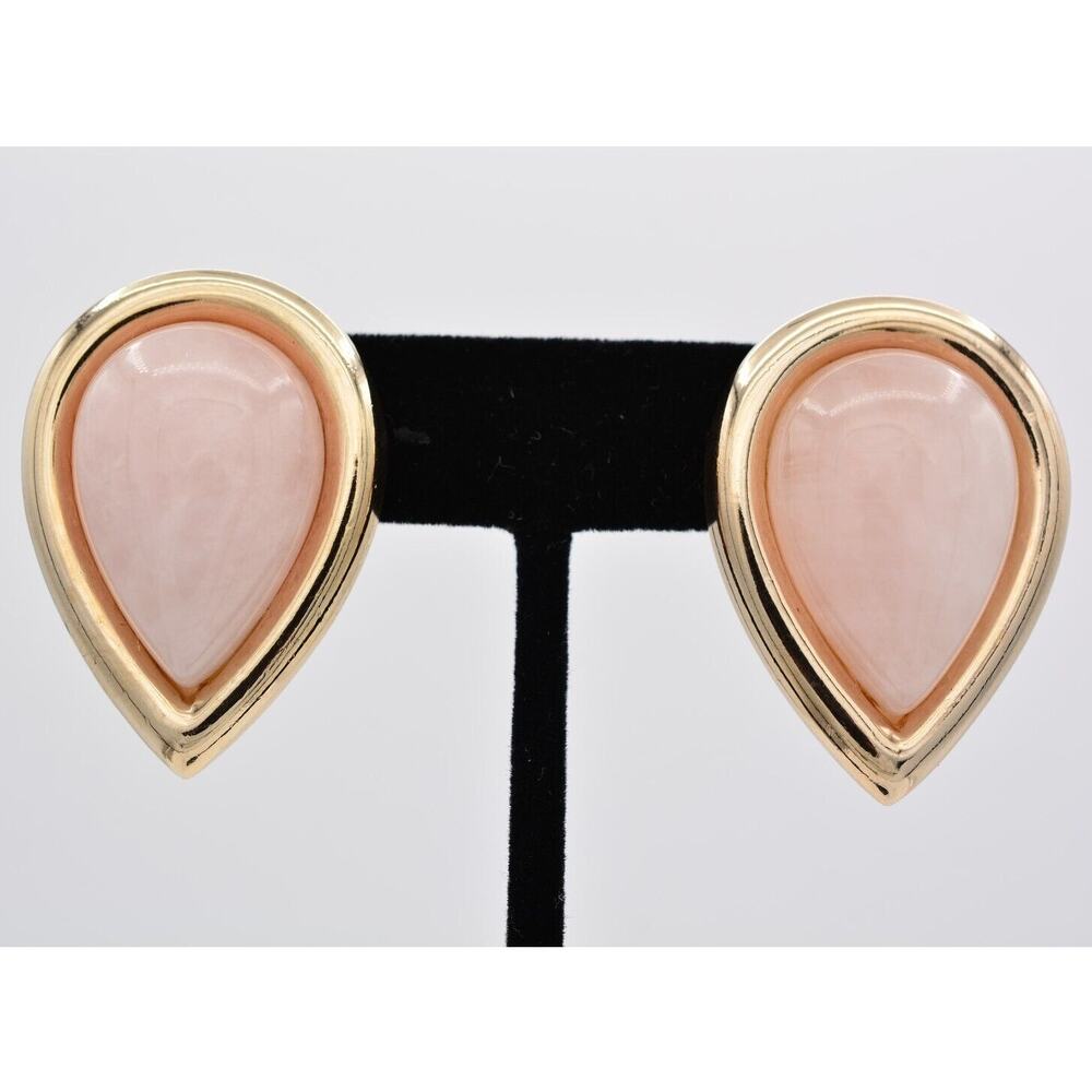 Vintage Cabochon Clip On Earrings Glass Quartz Pink Gold Heavy Chunky 1980s 9E